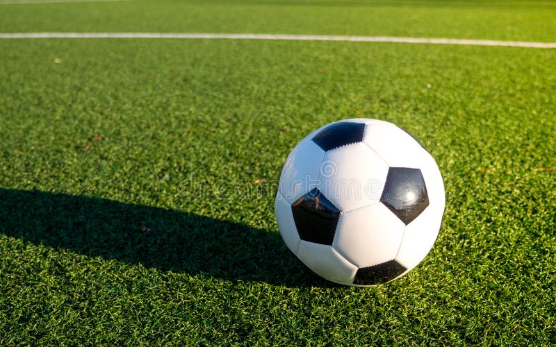Soccer ball on a bright green grass field with white line marking